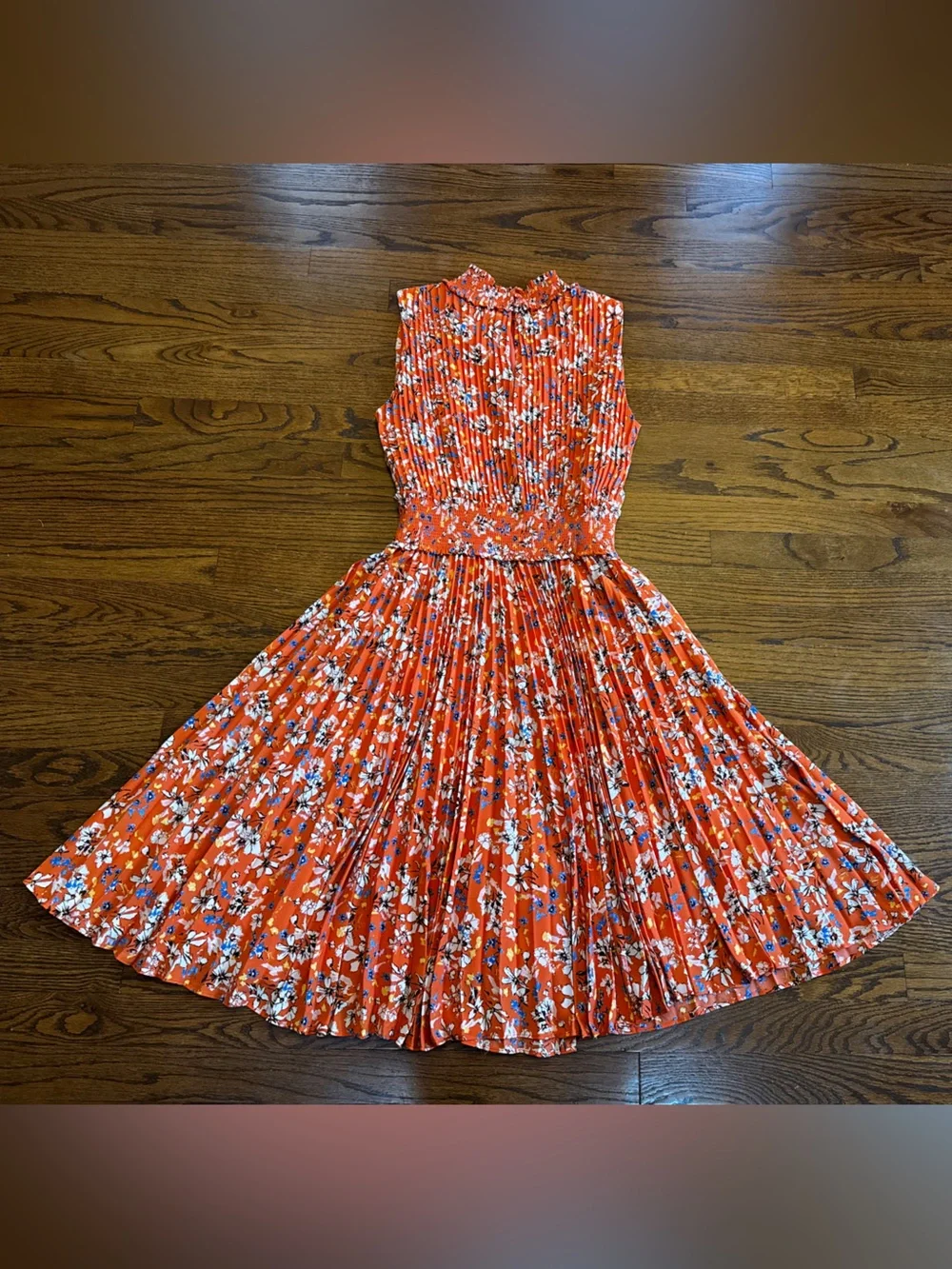 Nanette Lepore Orange Floral A-Line High Neck Pleated Smocked Lined Dress 10